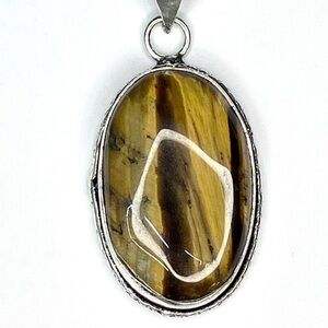 Natural Tiger's Eye Oval Pendant Necklace in Brown and Gold